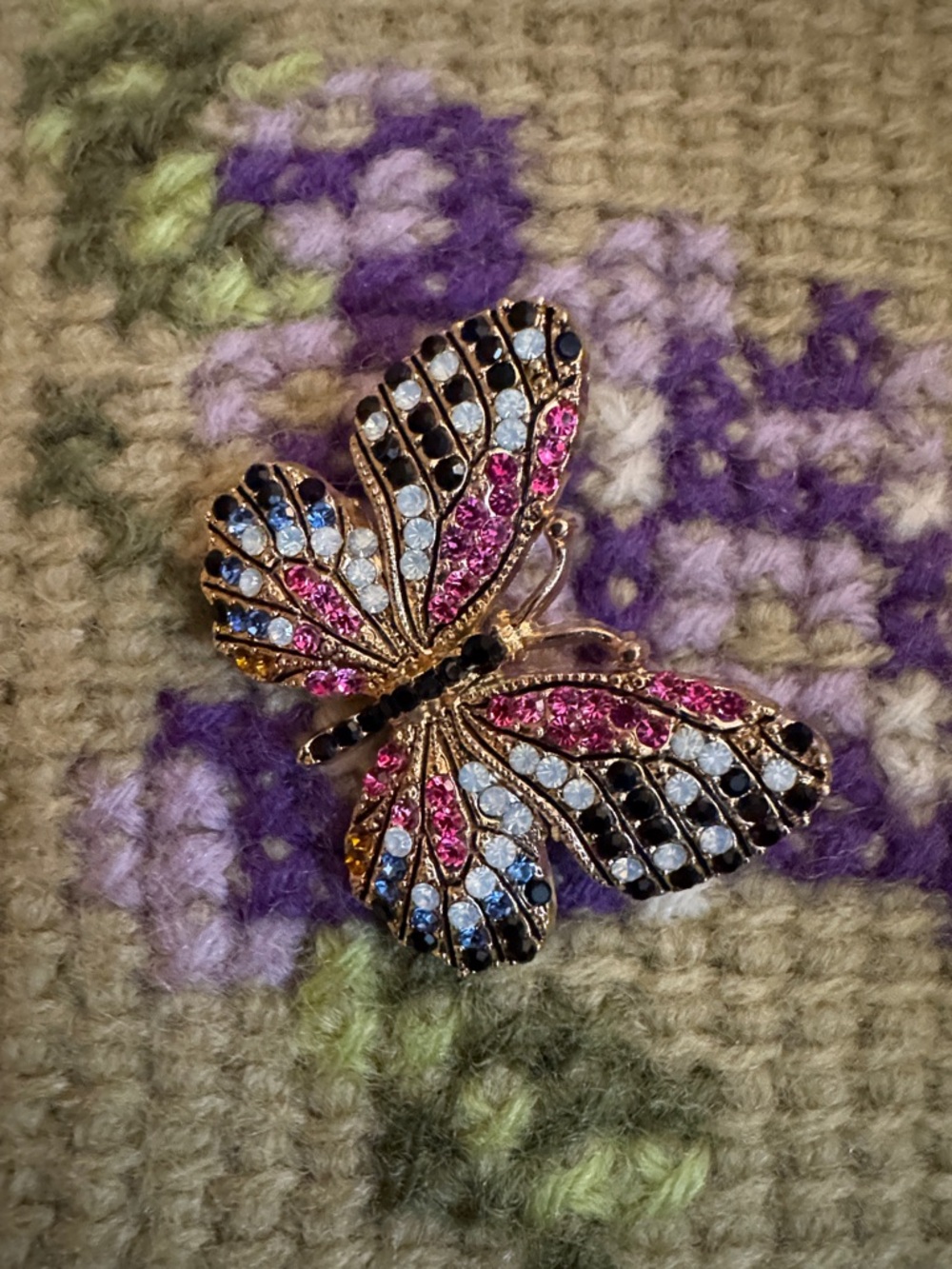 NWOT Gold-Tone Butterfly Brooch with Pink, Blue & Black Crystals
